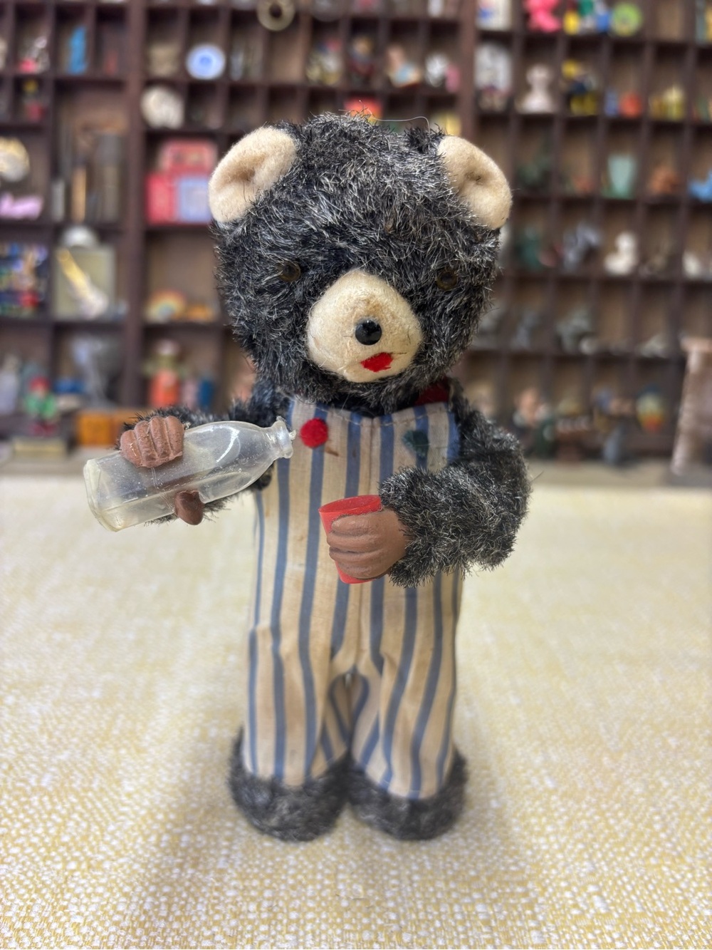 Thristy bear -Style Plush Bear Toy in Black and Cream Striped Overalls
